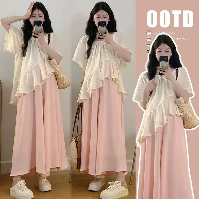 5785胖MM夏季套装韩系甜美风娃娃衫半袖＋休闲阔腿裤减龄两件套