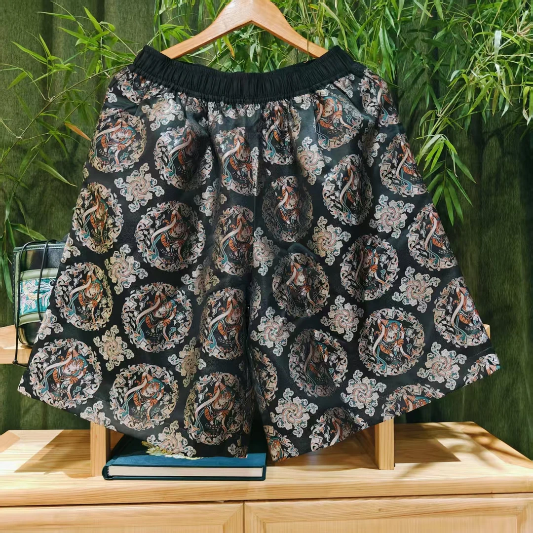 凤徕兮私人定制黑底彩色老虎暗纹花全松紧加衬中裤（ LK087-31）