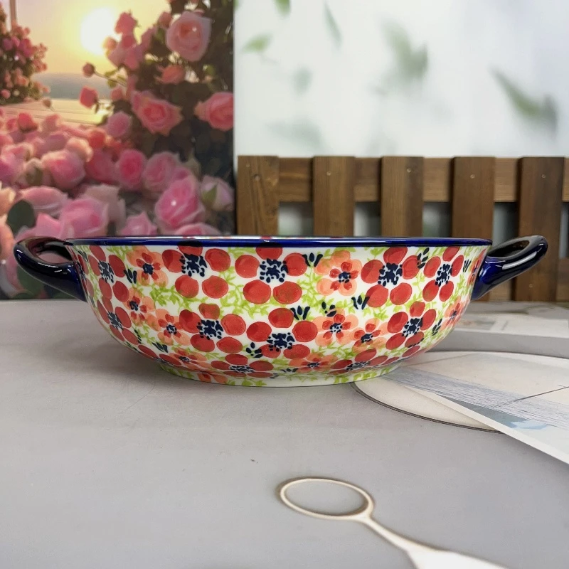 【欧礼HOME】碧丝红樱系列12英寸双耳汤碗家用陶瓷餐具