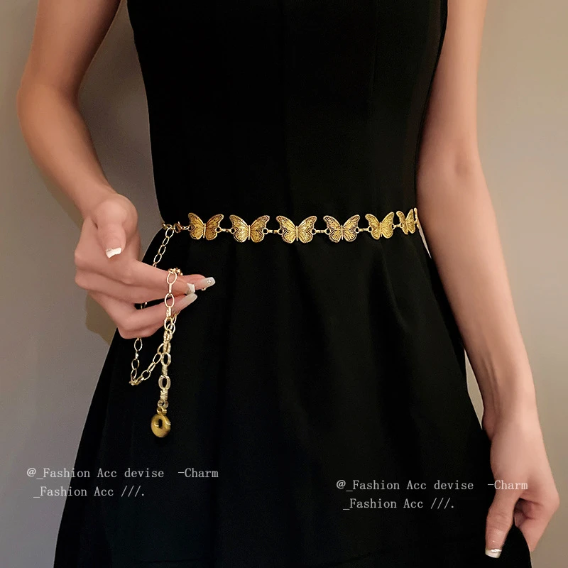 复古重金属蝴蝶长链腰链装饰裙子女配饰腰带夏季旅拍小众装饰饰品