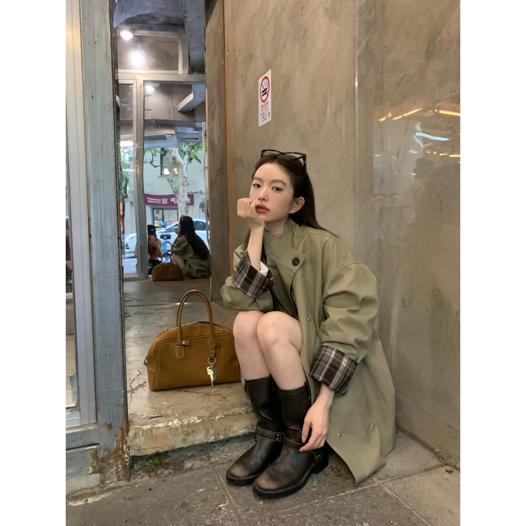 春季2025新款英伦风复古高级撞色中长款女小个子宽松外搭风衣外套