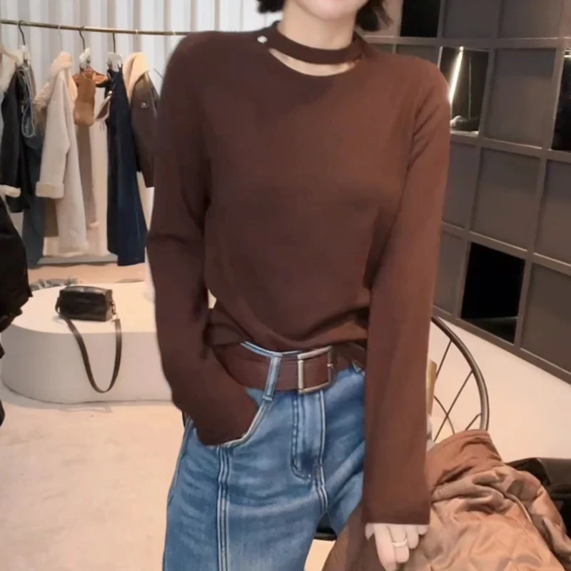 2025秋冬新款磨毛圆领设计感时尚百搭长袖打底衫简约显瘦T恤上衣