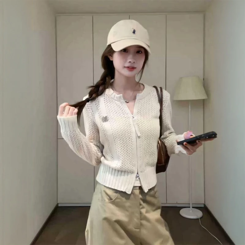 早秋季2025新款韩系慵懒风镂空针织开衫外套搭配直筒阔腿裤套装女