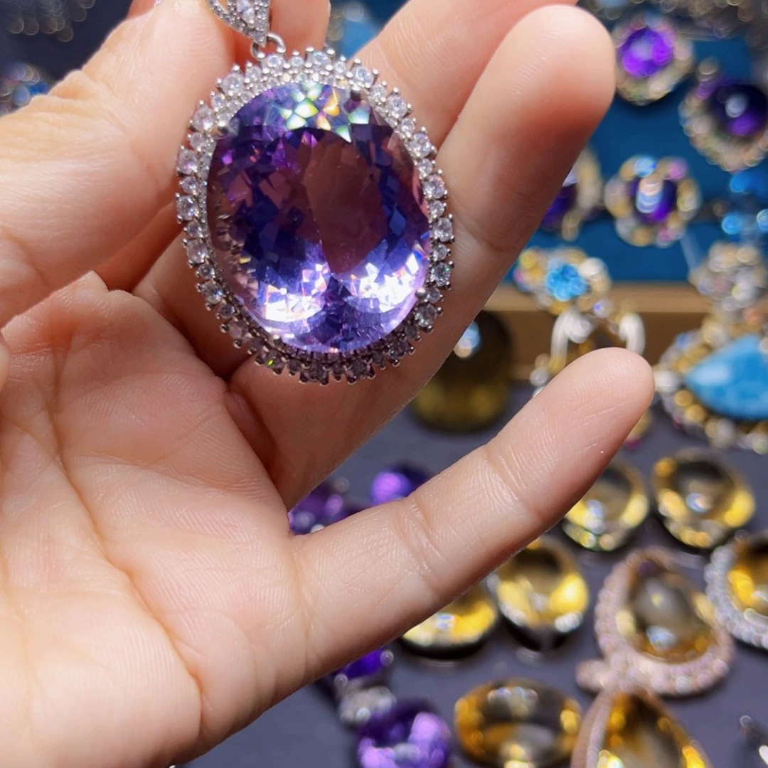 天然水晶吊坠银S925镶嵌水晶青*