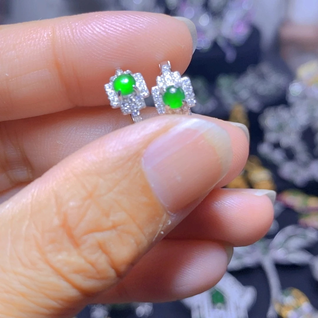 翡翠银S925镶嵌耳饰天然翡翠