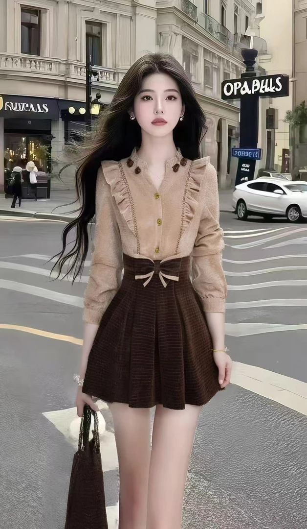 气质名媛氛围感小香风卡其色V领长袖修身上衣+高腰咖色半身裙套装