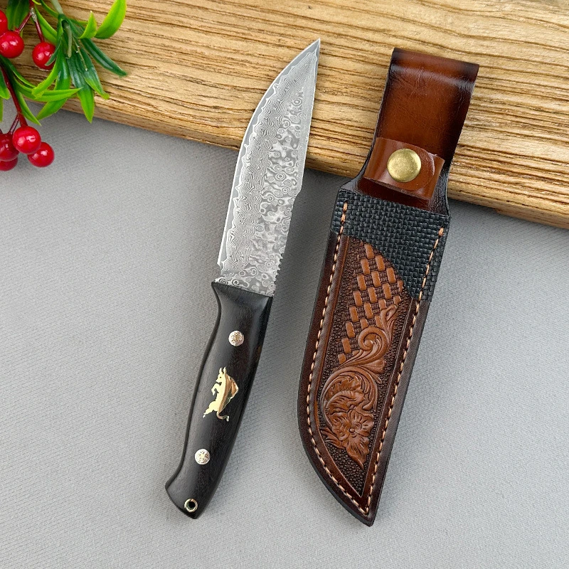 猎风-大马士革钢刀户外直刀家用户外露营烧烤切肉锋利小刀-已开刃