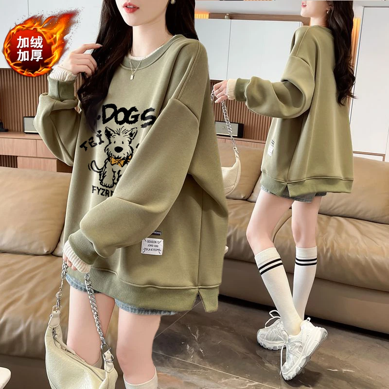 拼色假两件设计感加绒加厚卫衣女秋冬季新款韩版宽松百搭大码上衣