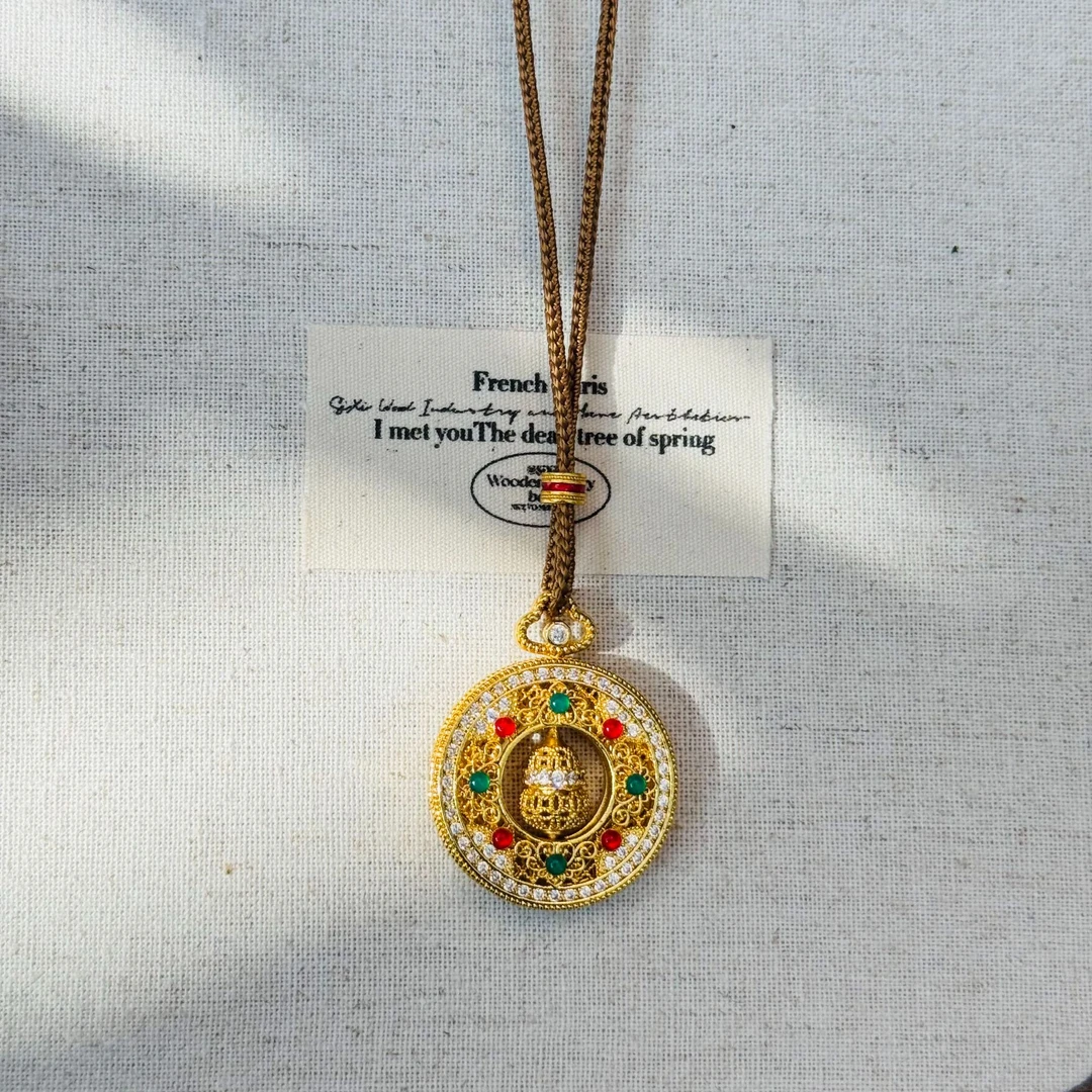 合金仿水晶项链 新中式福禄八宝罗盘葫芦镶钻镂空可转项链