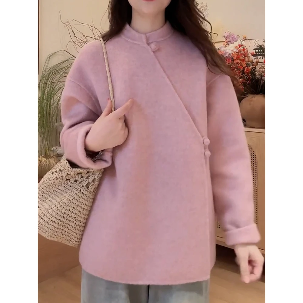 高档时尚文艺纯色毛呢外套女2025秋季新款气质宽松百搭加厚大衣