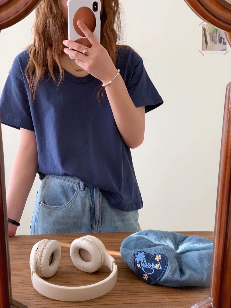 韩国东大门代购egg女2025春季新款休闲简约U领宽松短袖T恤#