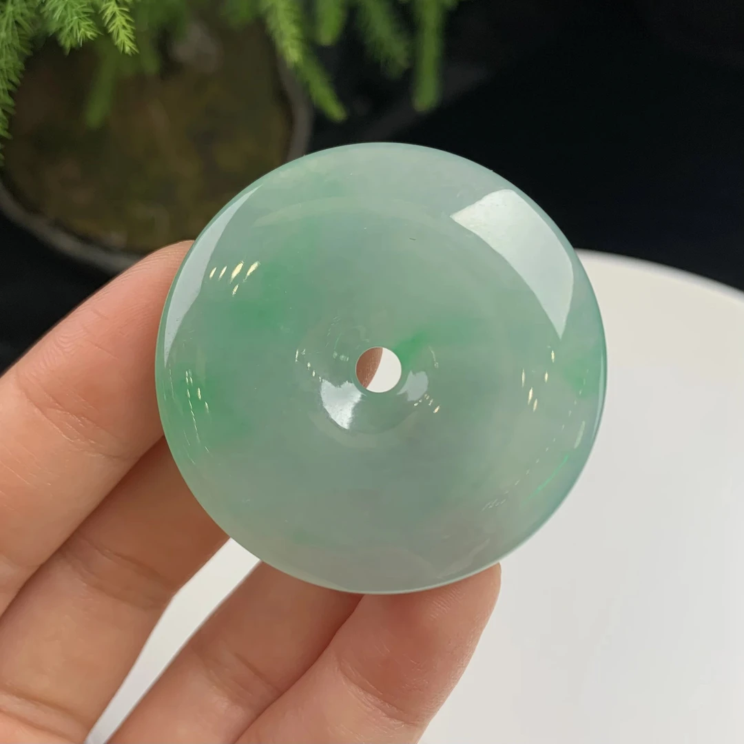 缅甸天然A货翡翠浅绿飘花平安扣吊