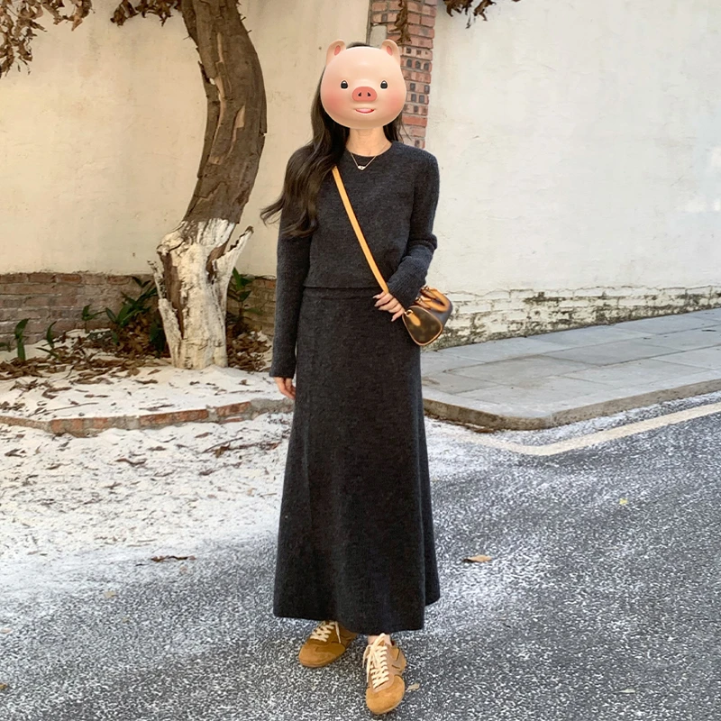 KM9418灰色针织毛衣套装连衣裙子女装入秋韩系穿搭气质高级感长裙