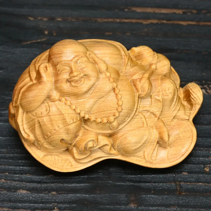 崖柏木卧佛弥勒长7cm实木雕刻芭蕉布袋弥勒手把件家居文玩工艺品