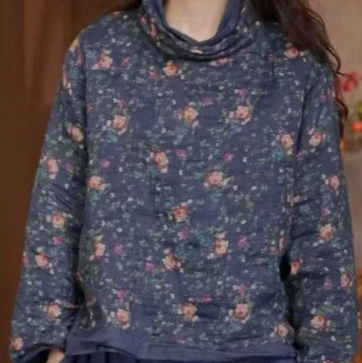 25029苎麻100%堆堆领假两件印花上衣