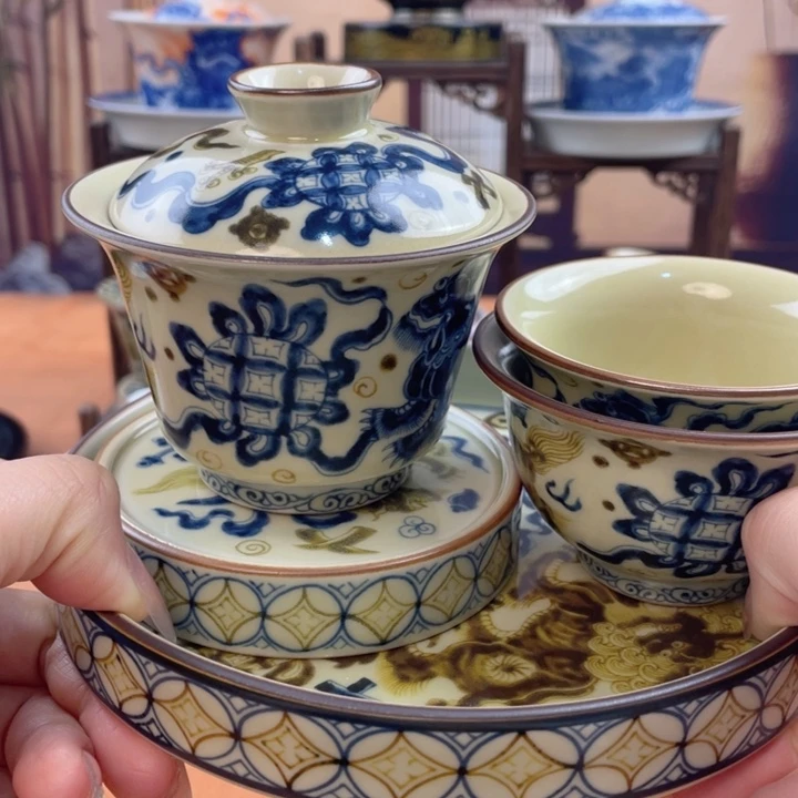 陶摆件二号釉釉里金双狮绣球五件套