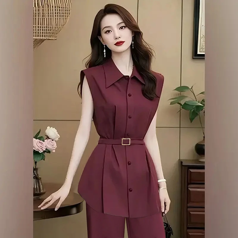 【两件套】【送腰带】2025夏季新款时尚气质直筒阔腿长裤潮D2124