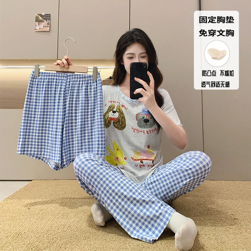 夏季派对小狗卡通睡衣带胸垫女款短袖格纹长裤慵懒风家居服三件套