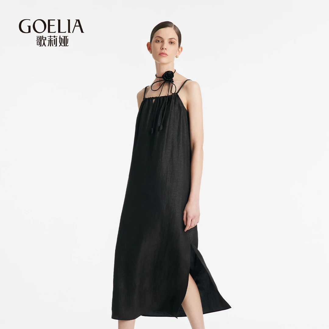 歌莉娅18姆米香云纱新中式出游黑色改良吊带连衣裙1C3R4K560