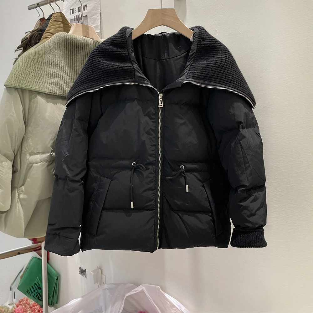 韩版针织大翻领羽绒服女2024秋冬新款加厚保暖宽松百搭白鸭绒外套