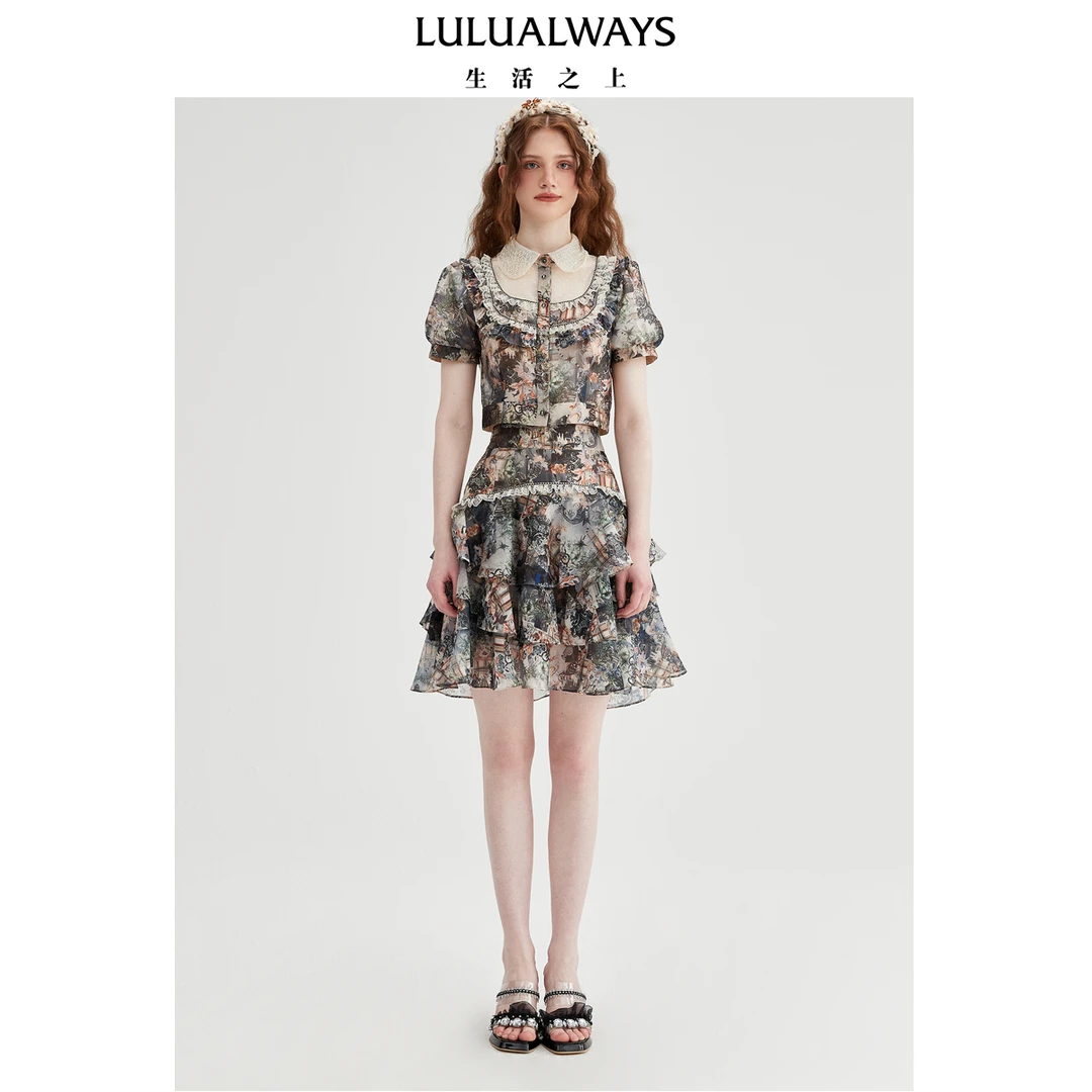 LULUALWAYS【商场同款】25夏季新款复古甜美蕾丝拼接娃娃领上衣女