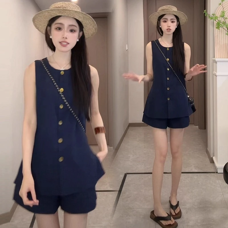 休闲风气质时尚套装女2025夏季新款无袖马甲背心短裤两件套高级感