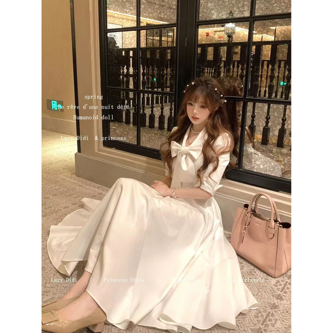 小说女主 日常通勤收腰鱼尾衬衫裙蝴蝶结系带千金连衣裙