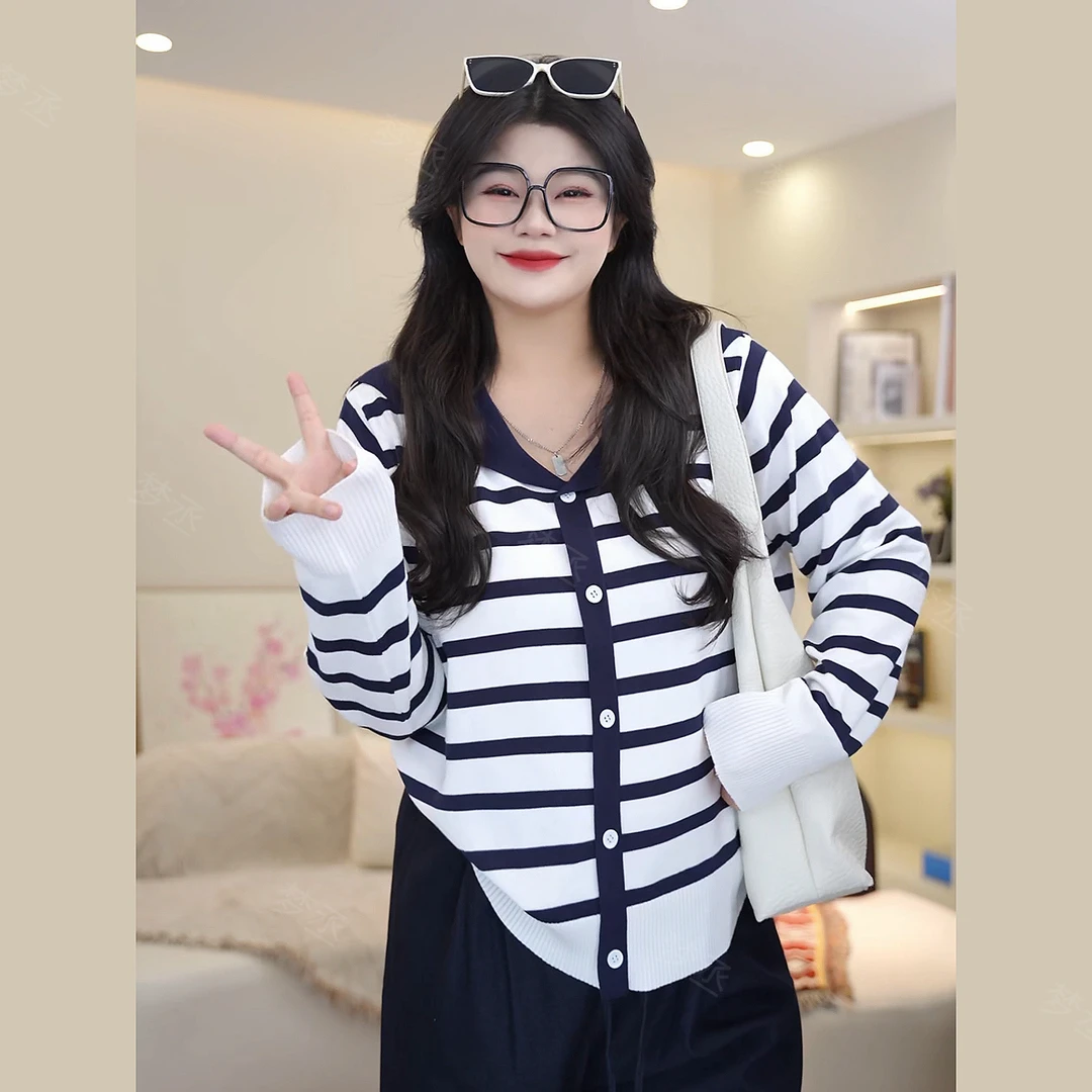 梦丞-胖mm大码女装冬季学院风海军领条纹洋气减龄针织开衫上衣