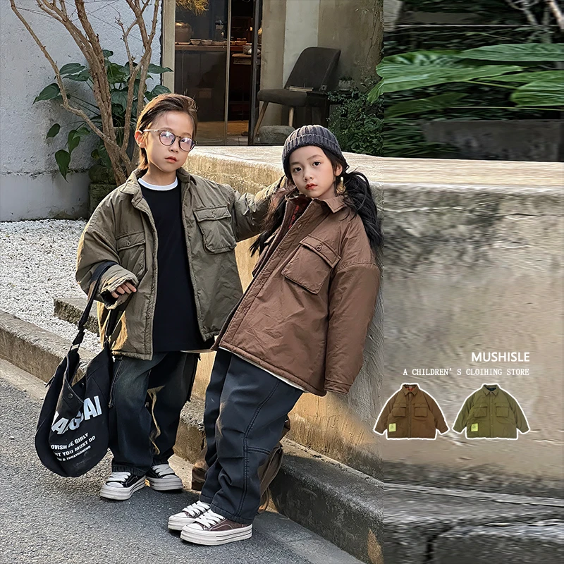 阿又冬季男童翻领纯色标签口袋百搭休闲外套83299D