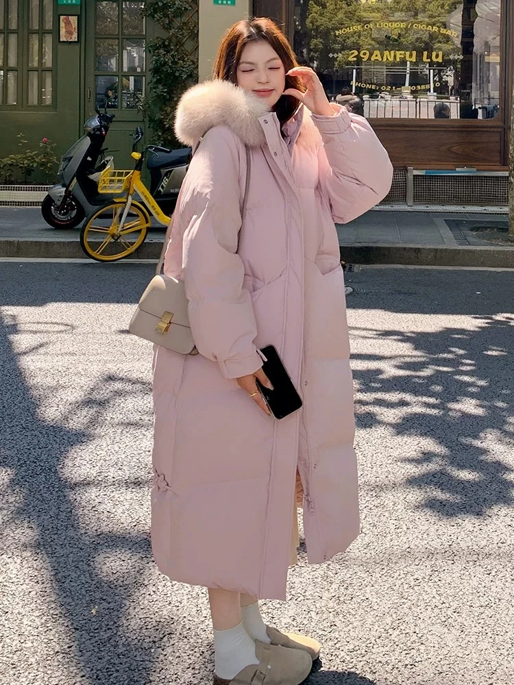 C23韩版大毛领棉服外套女连帽带长款2024新款加厚保暖外套过膝