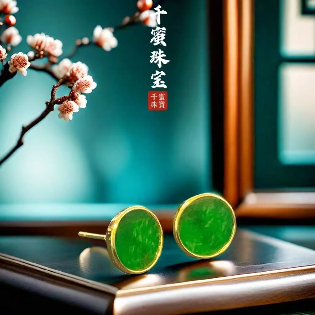 天然缅甸A货翡翠小圆牌耳钉5X49