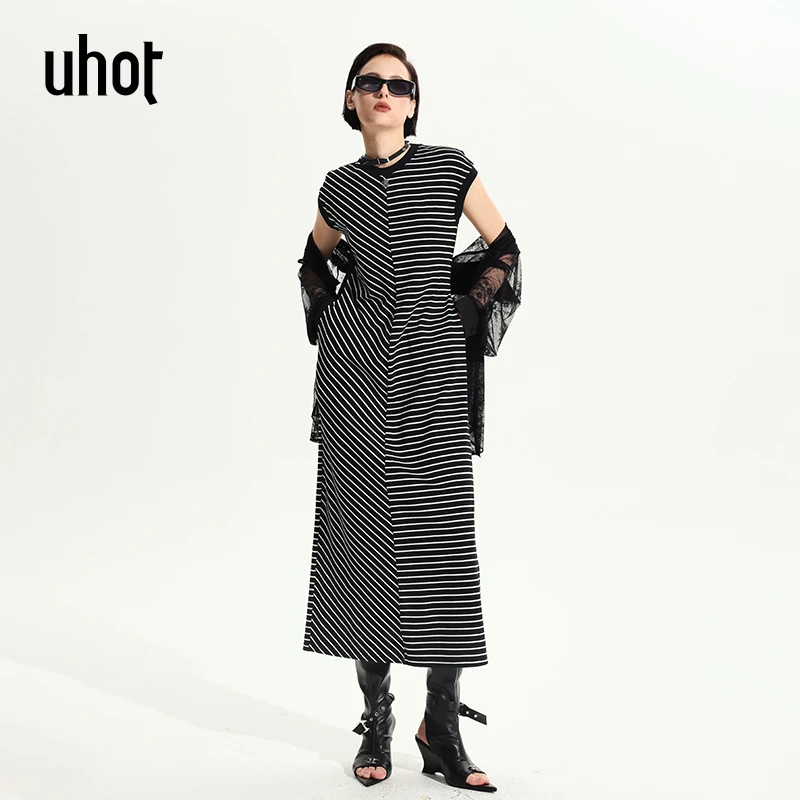 UHOT 黑白条纹直筒连衣裙+蕾丝外套上衣女休闲随性优雅 UWWR6L388