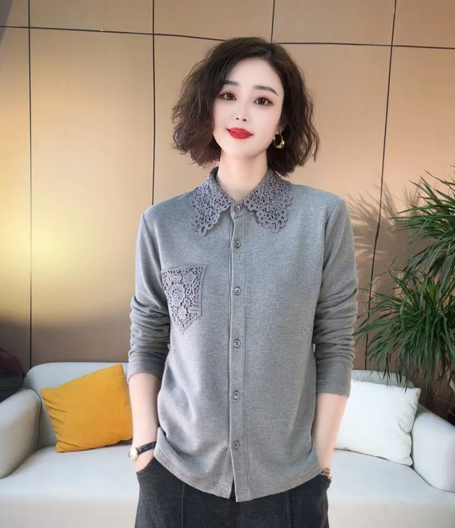 衬衣领衬衫口袋钩花双面奥绒保暖百搭显瘦休闲女士上衣女装1016
