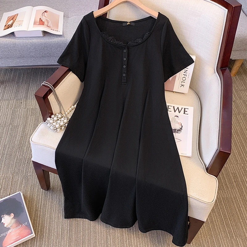 【66399】300斤大码女装胖mm简约纯色百搭圆领连衣裙黑夏季显瘦宽松