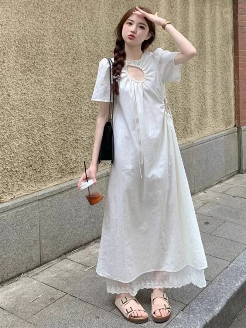 夏季长裙法式大码连衣裙长裙初恋白气质白色泡泡袖复古8880