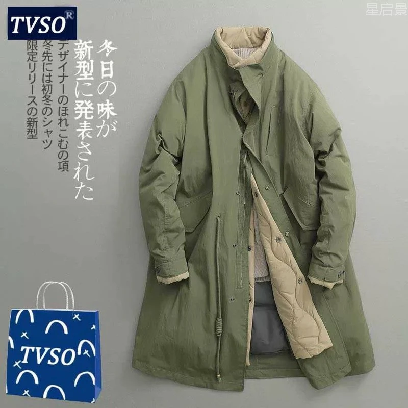日系复古潮牌假两件内胆式保暖立领长款棉服男中长款加厚大衣外套