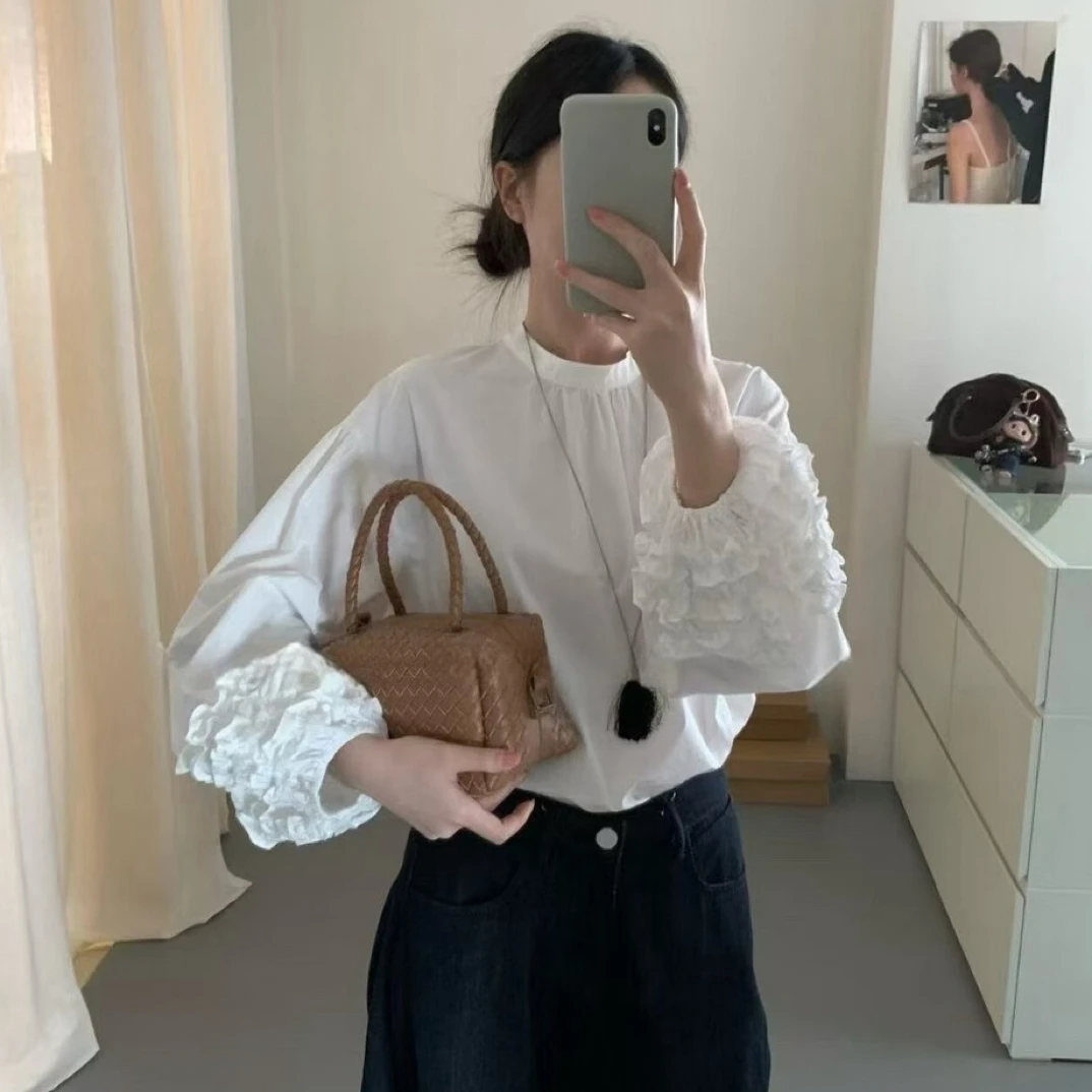 秋季新款韩系重工花边袖衬衫时尚舒适百搭上衣6034