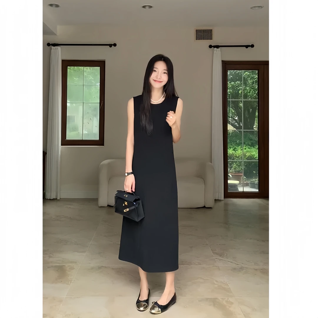 温婉大方连衣裙西装经典小黑裙百搭宽松显瘦极简方领长款连衣裙