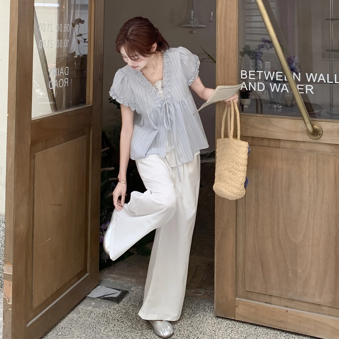 绮丽亲肤爆款假三件衬衫阔腿裤套装短袖显瘦气质洋气时尚休闲夏季