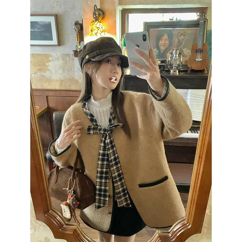【年末捡漏】乌77复古学院风蝴蝶结格纹V领外套女夹棉毛呢上衣春