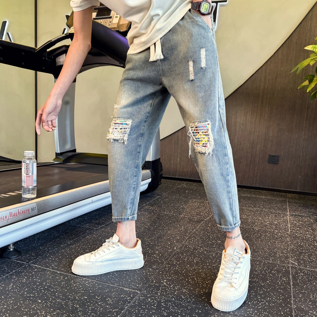 九分破洞男士夏季薄款2025新款痞帅松紧腰男士宽松直筒裤男