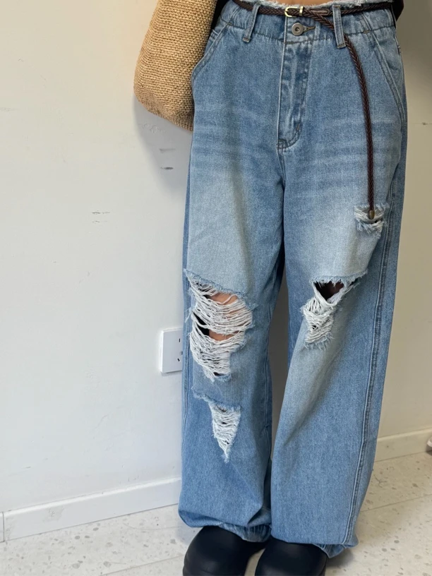 韩国东大门ins中高腰舒适夏季镂空女牛仔裤复古设计感水洗裤子