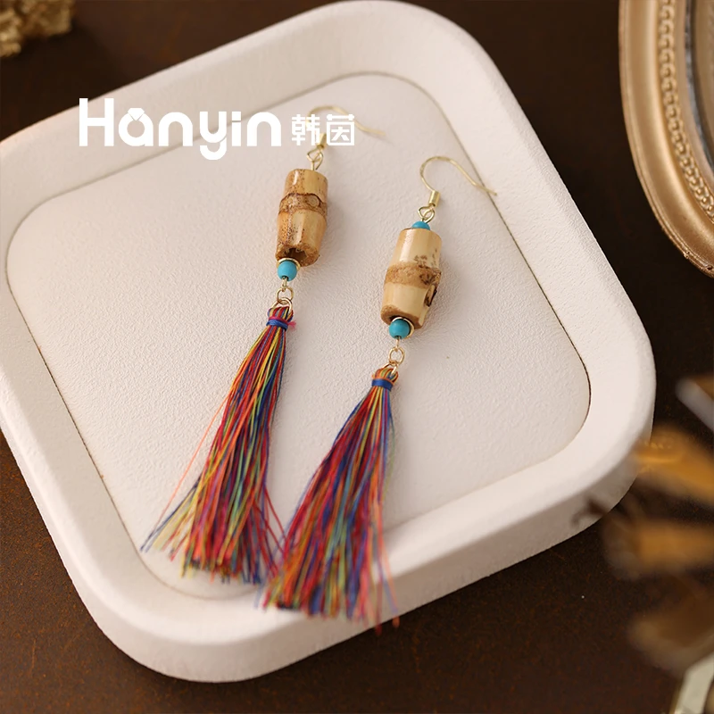 铜合金木质耳饰 原创设计自然竹节彩色流苏灵动个性耳环