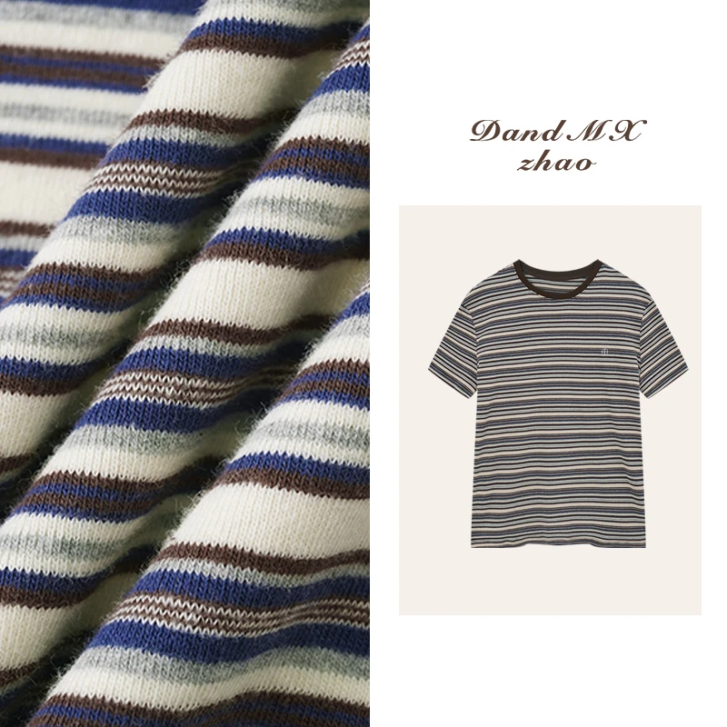 D&MX studio丨女神“复古T” 美式复古温暖杏仁棕拼色条纹T1635高个