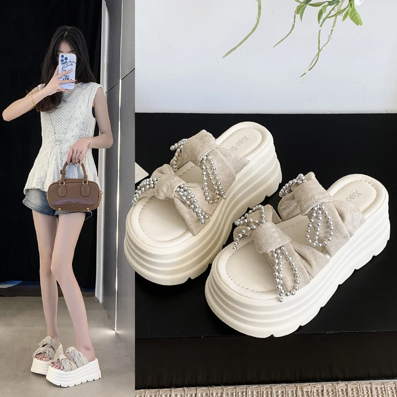 2025夏季爆款绑带串珠厚底拖鞋女外穿仙女风时髦百搭小个子凉拖鞋