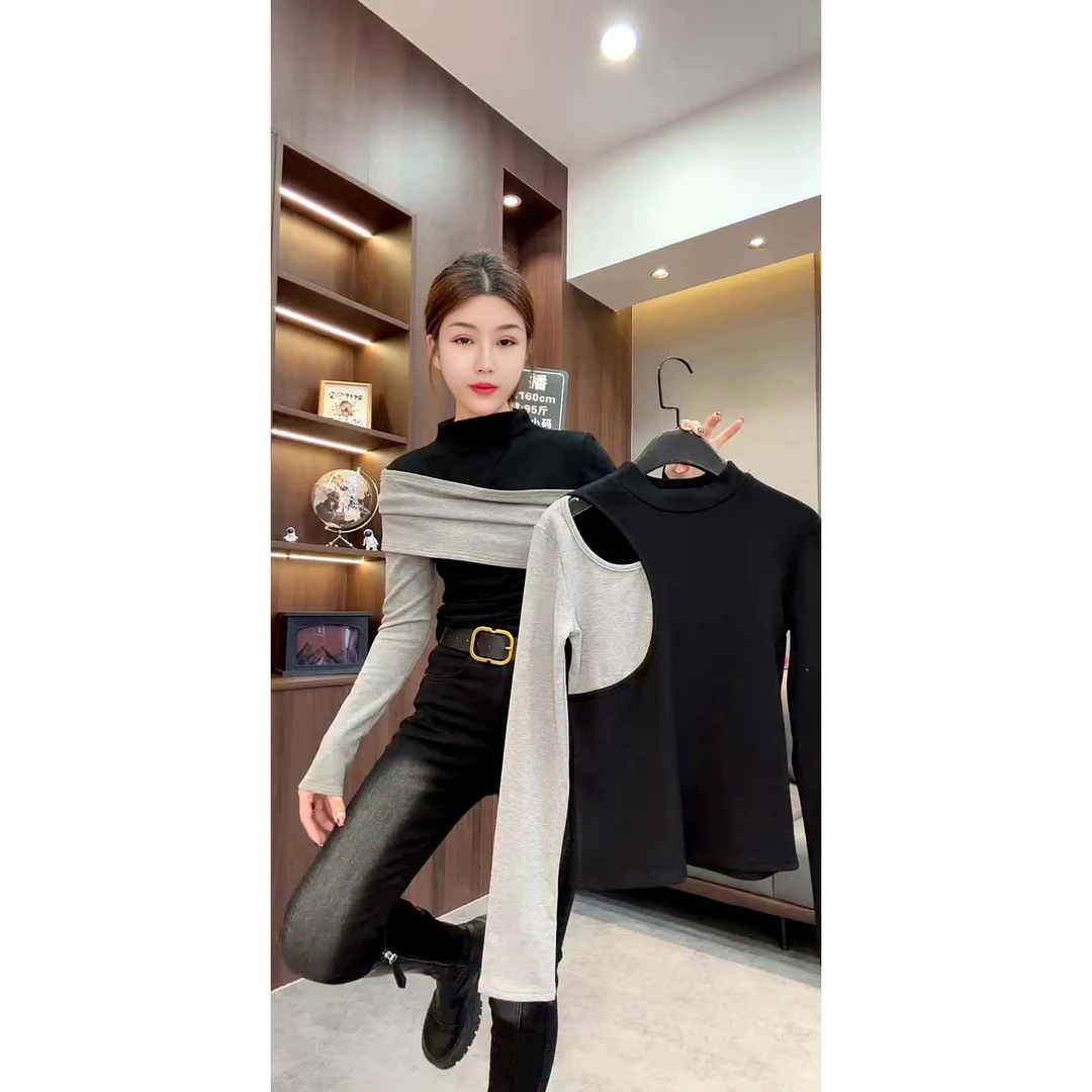 （两种领型）欧货新款时尚修身设计感撞色拼接镂空长袖打底衫