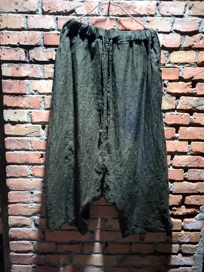 手工制作植物染色泥绿色薄款吊裆裤