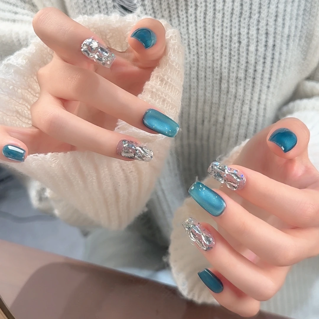 花知甲【浅蓝闪钻猫眼】纯手工定制穿戴甲可拆卸穿戴甲