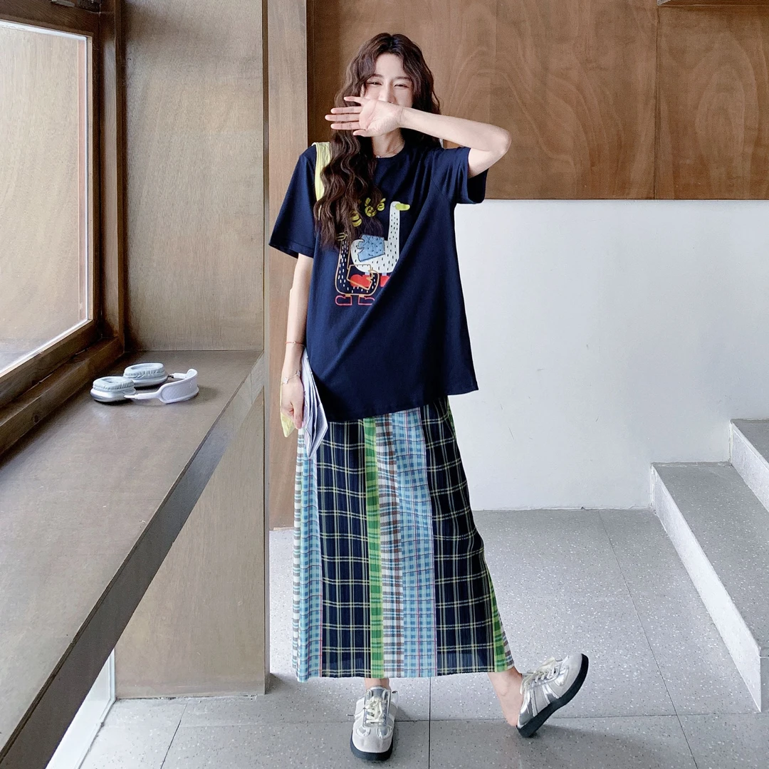 韩系减龄套装裙女2025新款夏日休闲穿搭卡通T恤格子半身裙两件套