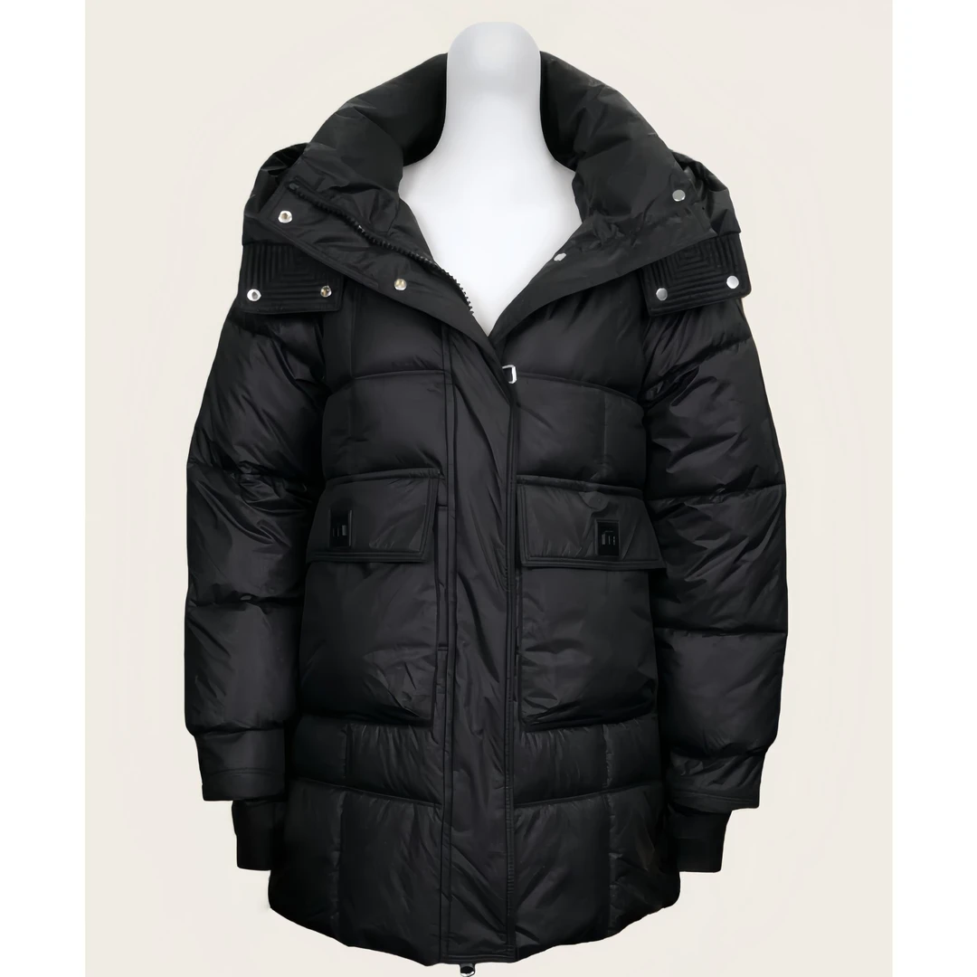 女士连帽中长款冬装常规款黑色时尚保暖棉服